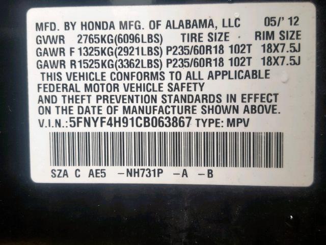 5FNYF4H91CB063867 - 2012 HONDA PILOT TOUR BLACK photo 10