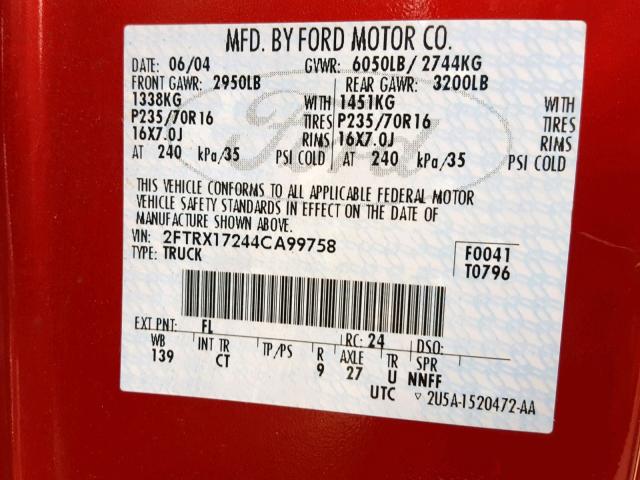 2FTRX17244CA99758 - 2004 FORD F-150 HERI RED photo 10