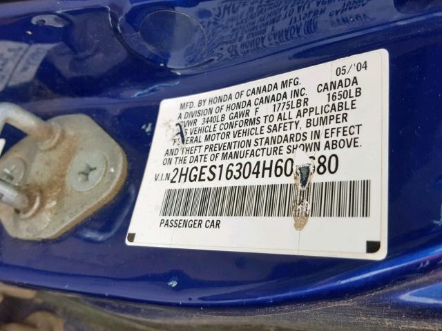 2HGES16304H605680 - 2004 HONDA CIVIC DX V BLUE photo 10