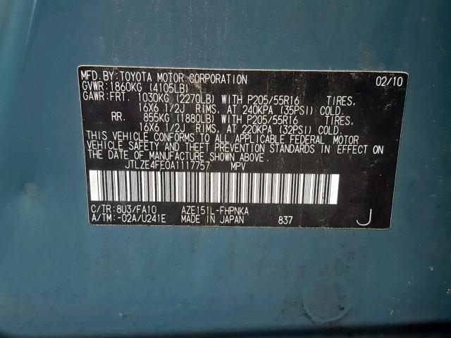 JTLZE4FE0A1117757 - 2010 TOYOTA SCION XB Көк фото 10