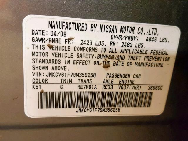 JNKCV61F79M356258 - 2009 INFINITI G37 GRAY photo 10