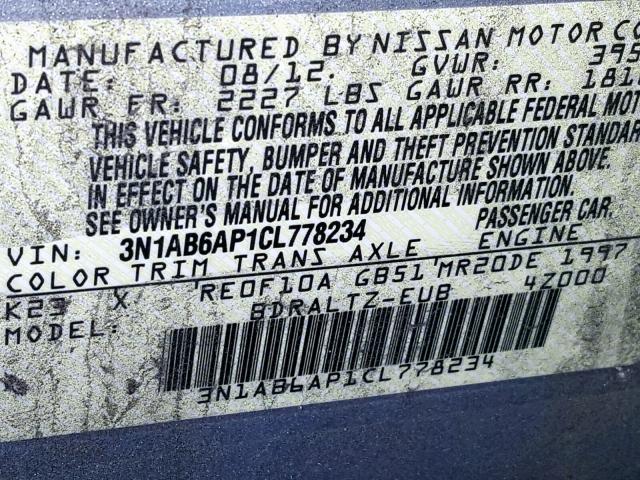 3N1AB6AP1CL778234 - 2012 NISSAN SENTRA 2.0 SILVER photo 10