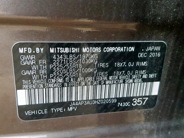 JA4AP3AU3HZ020599 - 2017 MITSUBISHI OUTLANDER BROWN photo 10