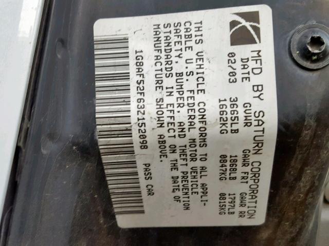 1G8AF52F63Z152098 - 2003 SATURN ION LEVEL WHITE photo 10