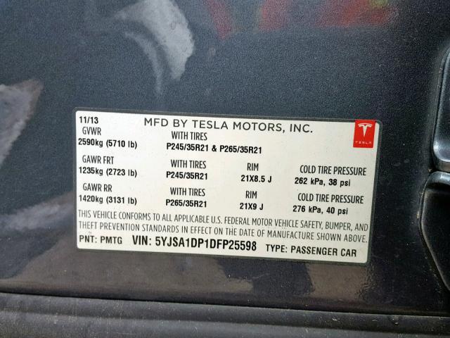 5YJSA1DP1DFP25598 - 2013 TESLA MODEL S GRAY photo 10