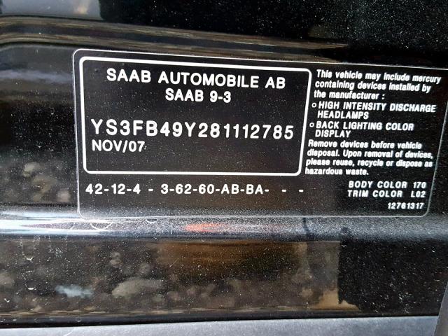 YS3FB49Y281112785 - 2008 SAAB 9-3 2.0T BLACK photo 10