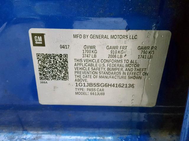 1G1JB5SG6H4162136 - 2017 CHEVROLET SONIC LS 蓝色 照片 10