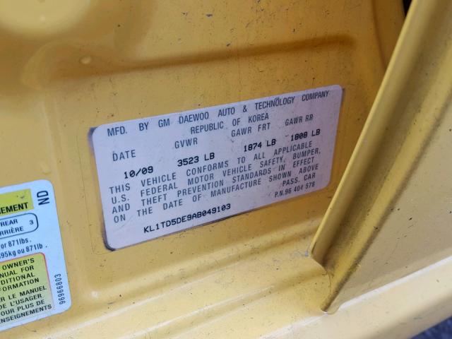 KL1TD5DE9AB049103 - 2010 CHEVROLET AVEO LS YELLOW photo 10