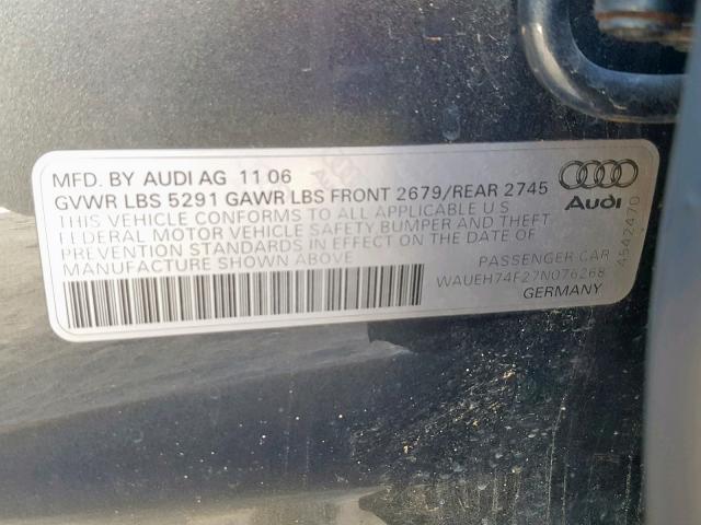 WAUEH74F27N076268 - 2007 AUDI A6 S-LINE GRAY photo 10