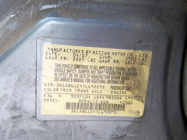 3N1AB61E47L692095 - 2007 NISSAN SENTRA 2.0 SILVER photo 10