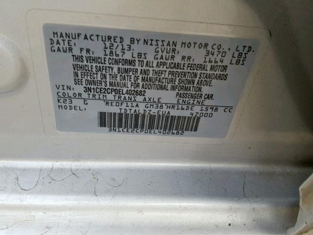 3N1CE2CP0EL402682 - 2014 NISSAN VERSA NOTE SILVER photo 10