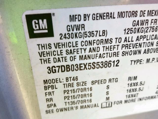 3G7DB03EX5S538612 - 2005 PONTIAC AZTEK GRAY photo 10