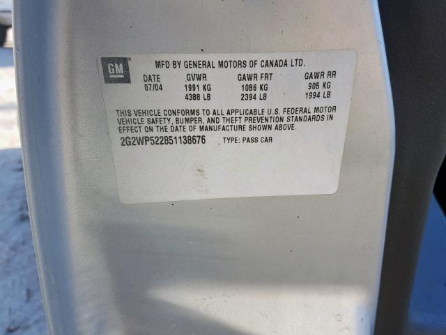 2G2WP522851138676 - 2005 PONTIAC GRAND PRIX SILVER photo 10