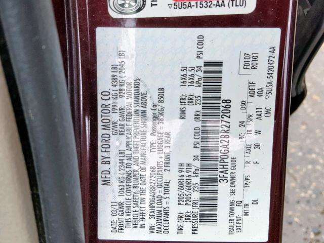 3FAHP0GA2BR272068 - 2011 FORD FUSION S MAROON photo 10