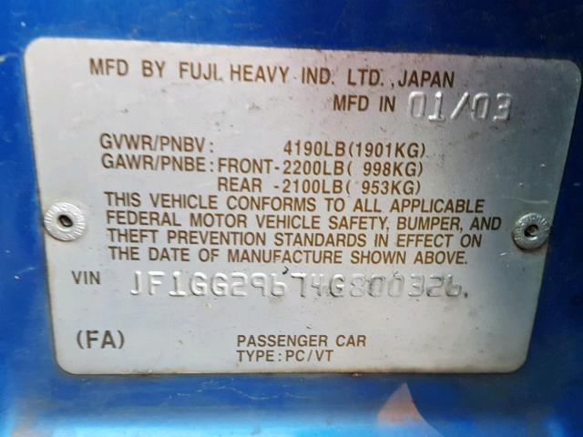 JF1GG29674G800326 - 2004 SUBARU IMPREZA WR BLUE photo 10