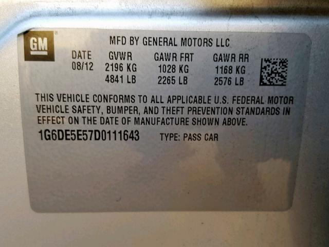 1G6DE5E57D0111643 - 2013 CADILLAC CTS LUXURY GRAY photo 10