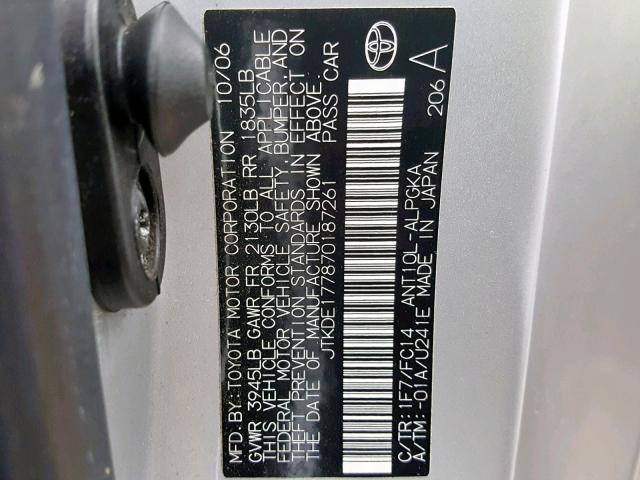 JTKDE177870187261 - 2007 TOYOTA SCION TC 银色 照片 10