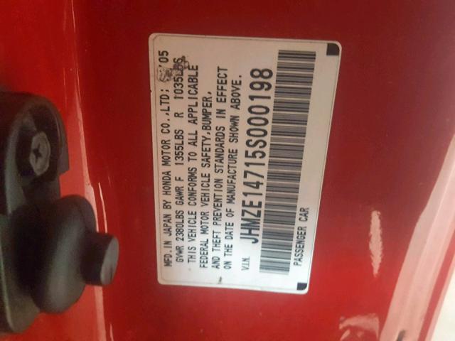 JHMZE14715S000198 - 2005 HONDA INSIGHT RED photo 10