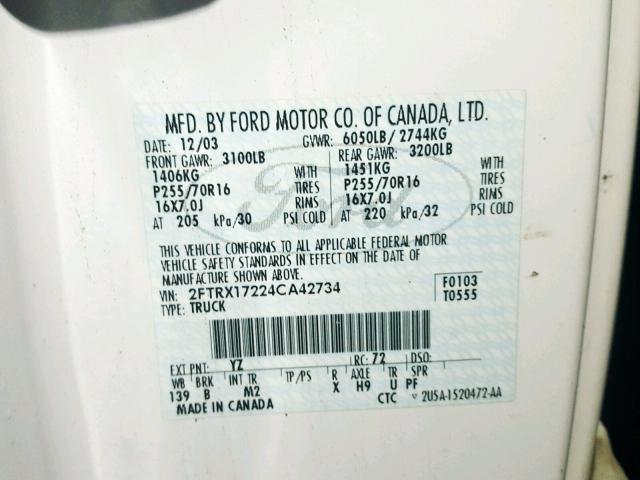 2FTRX17224CA42734 - 2004 FORD F-150 HERI WHITE photo 10