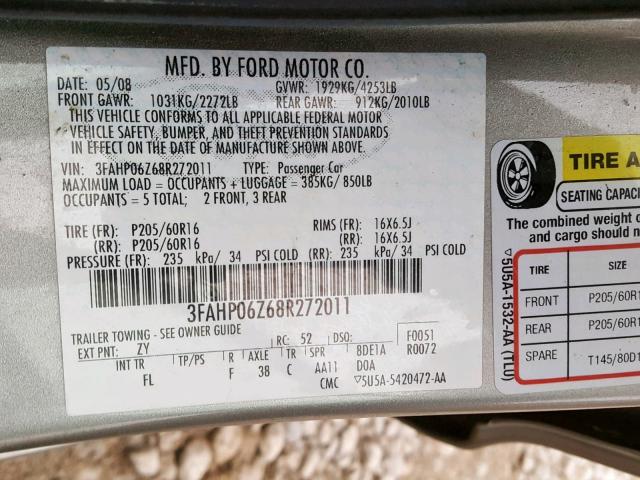 3FAHP06Z68R272011 - 2008 FORD FUSION S  photo 10