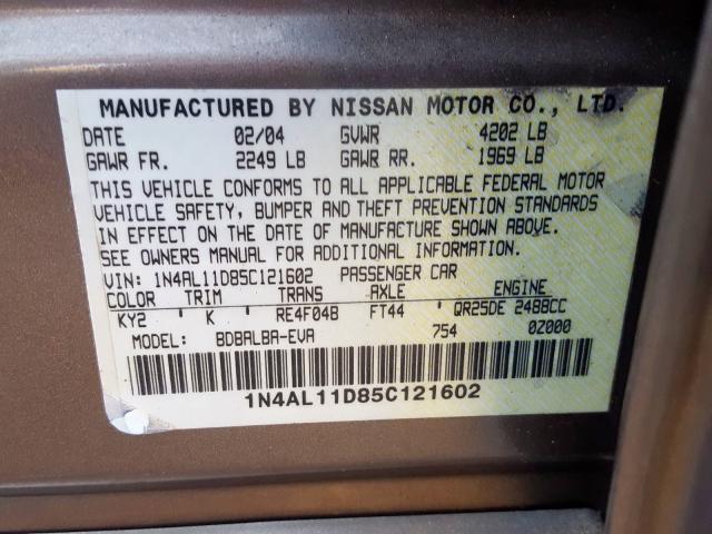 1N4AL11D85C121602 - 2005 NISSAN ALTIMA S GOLD photo 10