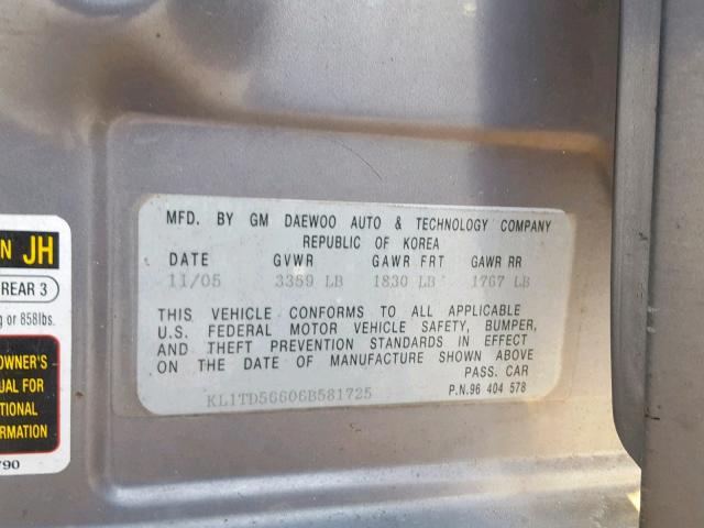 KL1TD56606B581725 - 2006 CHEVROLET AVEO BASE Boz foto 10