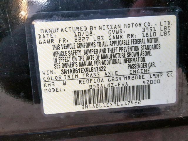 3N1AB61EX9L617422 - 2009 NISSAN SENTRA 2.0 BLACK photo 10