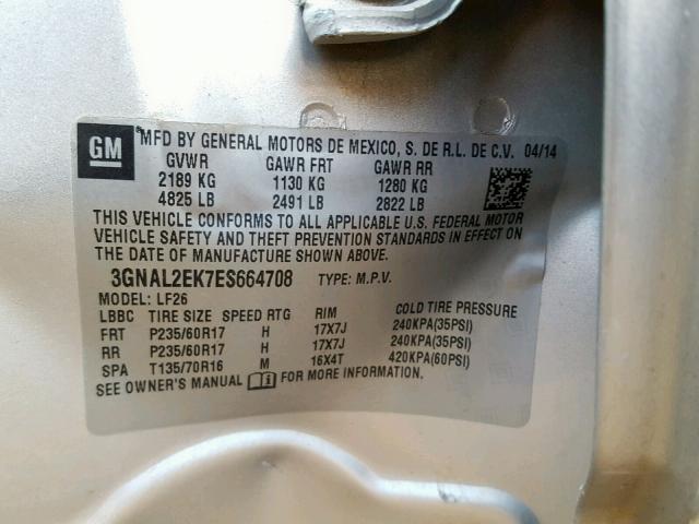 3GNAL2EK7ES664708 - 2014 CHEVROLET CAPTIVA LS 银色 照片 10
