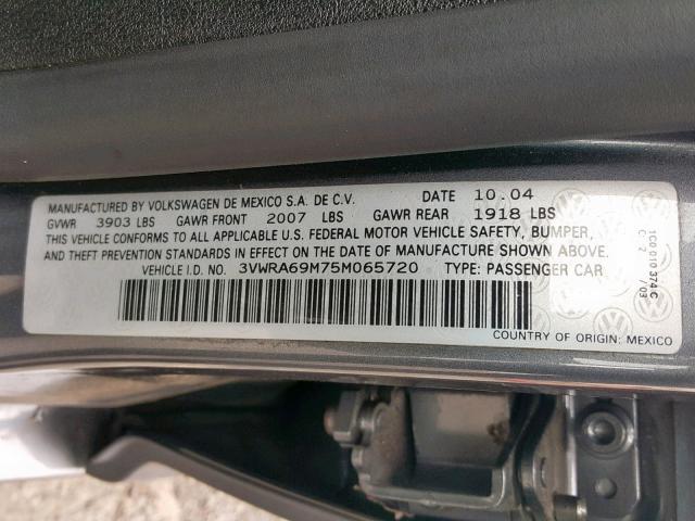 3VWRA69M75M065720 - 2005 VOLKSWAGEN JETTA GL GRAY photo 10