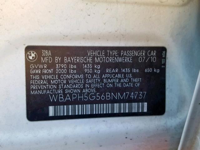 WBAPH5G56BNM74737 - 2011 BMW 328 I SULE WHITE photo 10