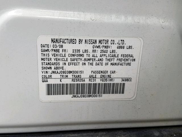 JNKAJ09E08M306151 - 2008 INFINITI EX35 BASE WHITE photo 10