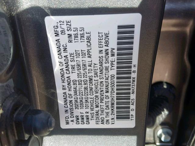 2HKRM3H77DH500700 - 2013 HONDA CR-V EXL GRAY photo 10