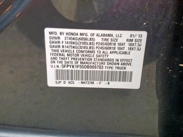 5FPYK1F55DB009703 - 2013 HONDA RIDGELINE GRAY photo 10