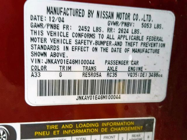 JNKAY01E46M100044 - 2006 INFINITI M35 BASE RED photo 10