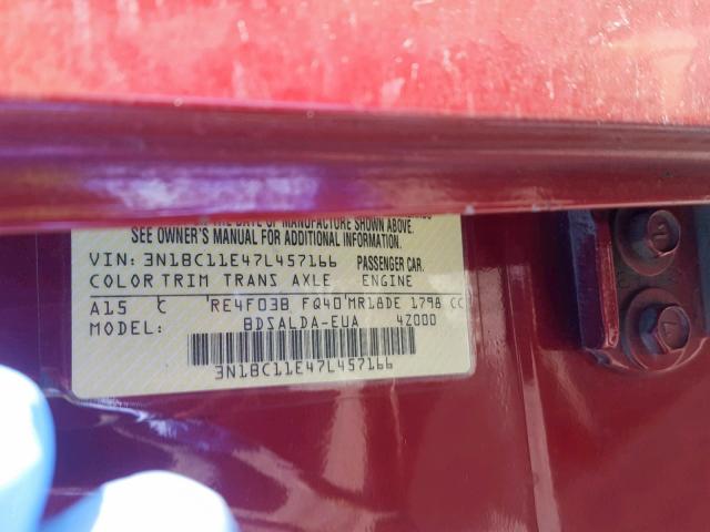 3N1BC11E47L457166 - 2007 NISSAN VERSA S RED photo 10