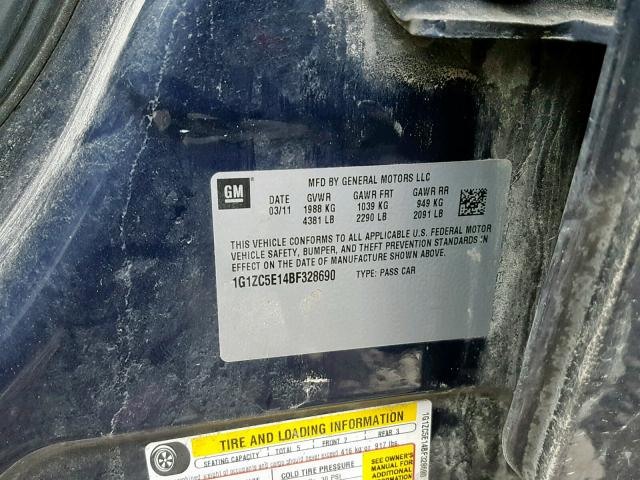 1G1ZC5E14BF328690 - 2011 CHEVROLET MALIBU 1LT BLACK photo 10