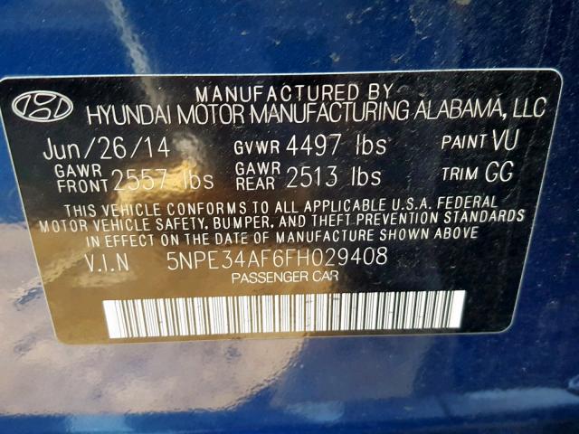 5NPE34AF6FH029408 - 2015 HYUNDAI SONATA SPO BLUE photo 10