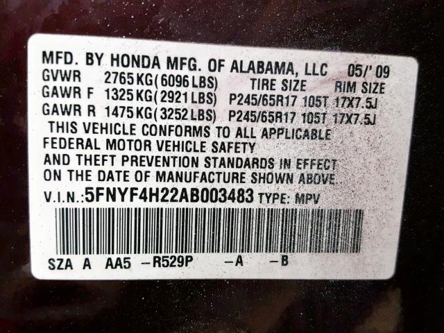 5FNYF4H22AB003483 - 2010 HONDA PILOT LX BURGUNDY photo 10