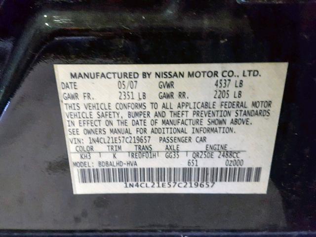 1N4CL21E57C219657 - 2007 NISSAN ALTIMA HYB BLACK photo 10