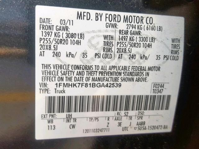 1FMHK7F81BGA42539 - 2011 FORD EXPLORER L BLACK photo 10