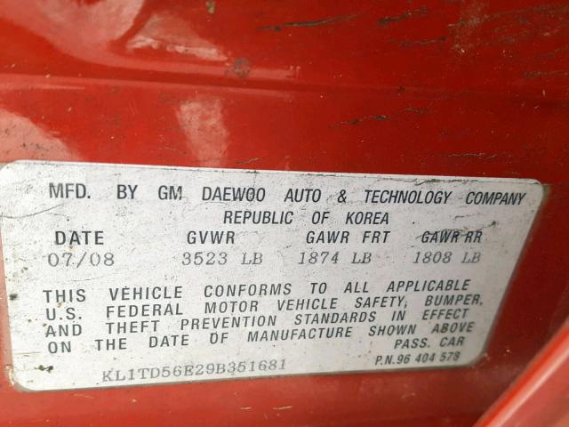 KL1TD56E29B351681 - 2009 CHEVROLET AVEO LS RED photo 10