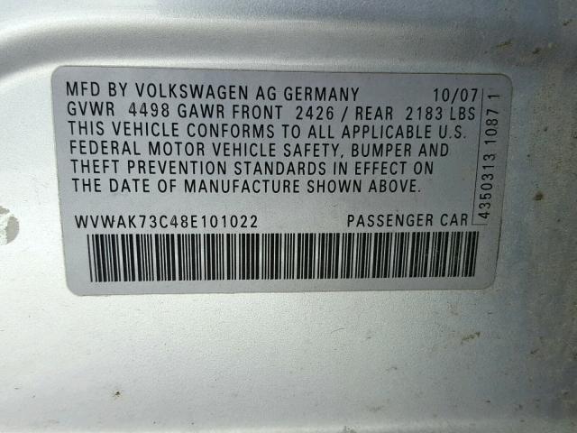 WVWAK73C48E101022 - 2008 VOLKSWAGEN PASSAT KOM SILVER photo 10