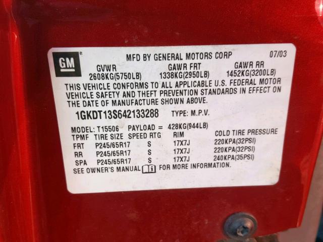 1GKDT13S642133288 - 2004 GMC ENVOY RED photo 10