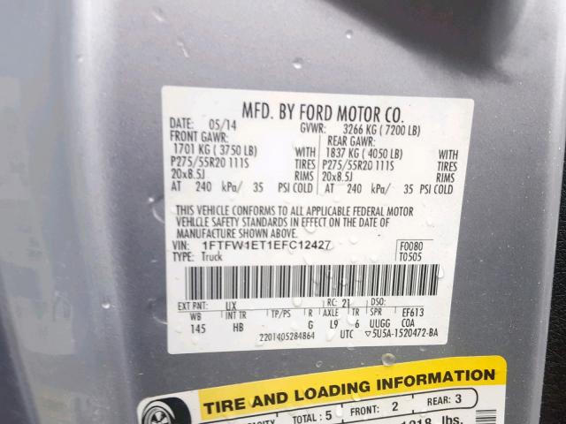 1FTFW1ET1EFC12427 - 2014 FORD F150 SUPER SILVER photo 10