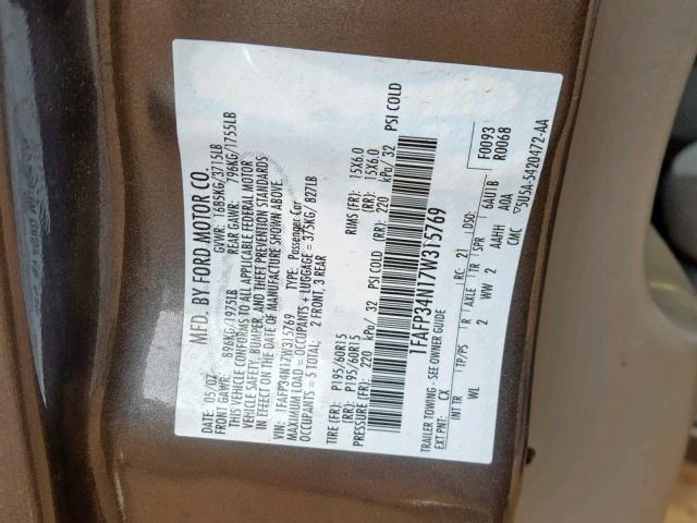 1FAFP34N17W315769 - 2007 FORD FOCUS ZX4 GRAY photo 10