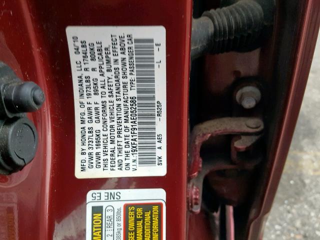 19XFA1F91AE052586 - 2010 HONDA CIVIC EXL MAROON photo 10