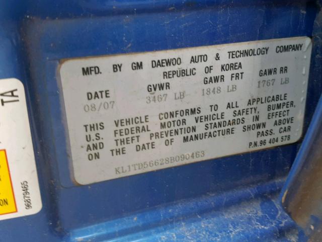 KL1TD56628B090463 - 2008 CHEVROLET AVEO BASE ლურჯი ფოტო 10