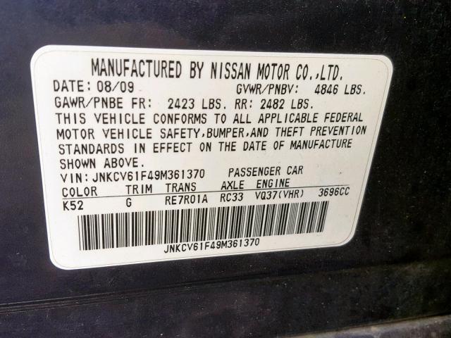 JNKCV61F49M361370 - 2009 INFINITI G37 BLUE photo 10