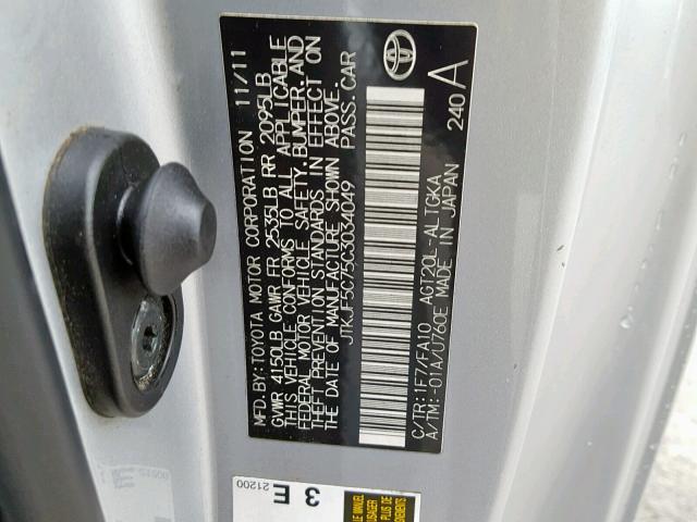 JTKJF5C75C3034049 - 2012 TOYOTA SCION TC ვერცხლისფერი ფოტო 10