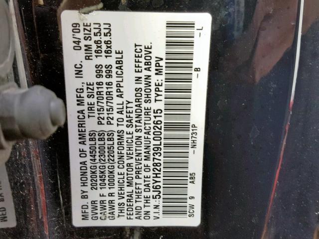 5J6YH28739L002615 - 2009 HONDA ELEMENT EX BLACK photo 10